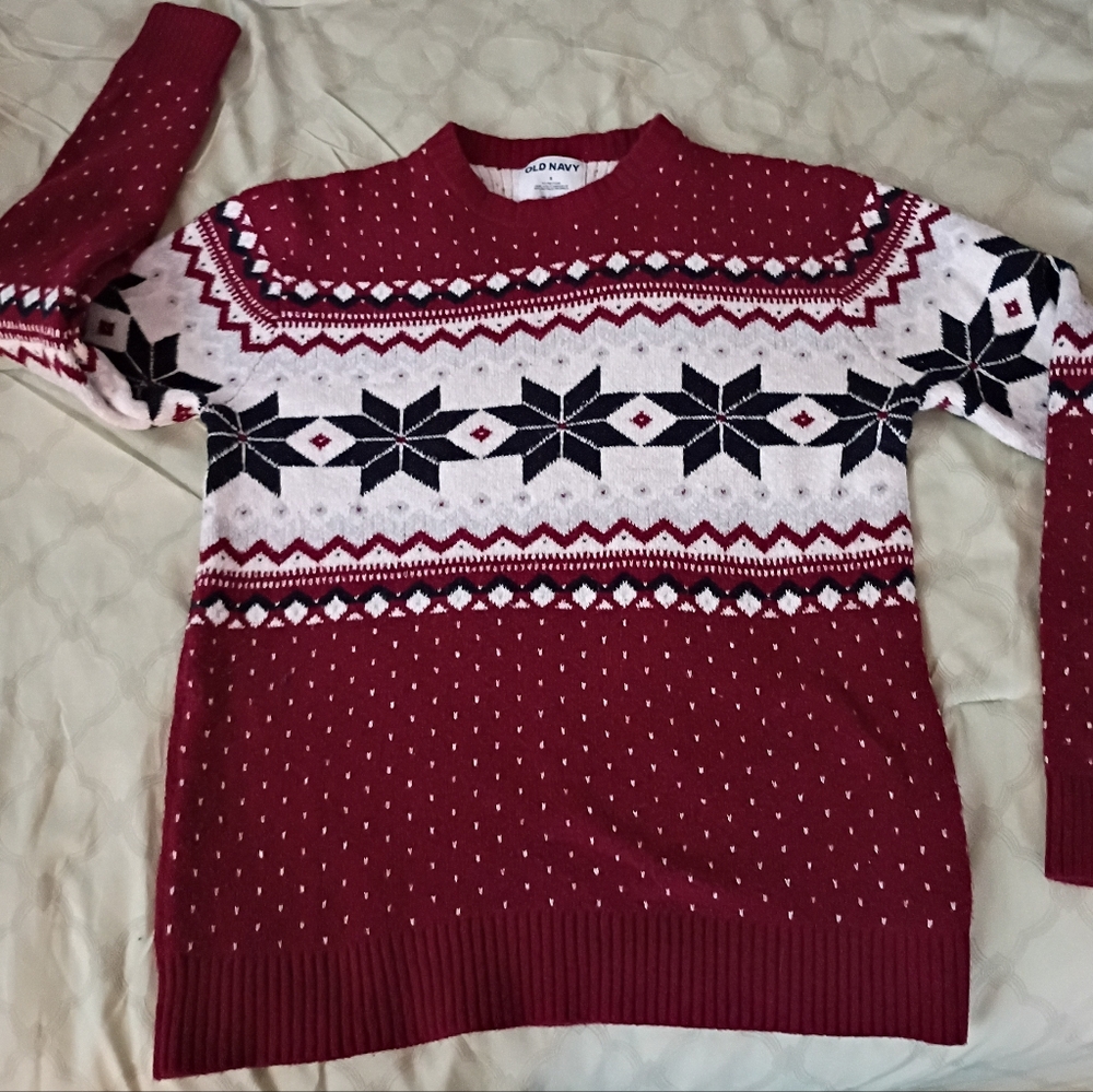 Old Navy Red and White Fair Isle Knit Christmas Sweater with Black Accents